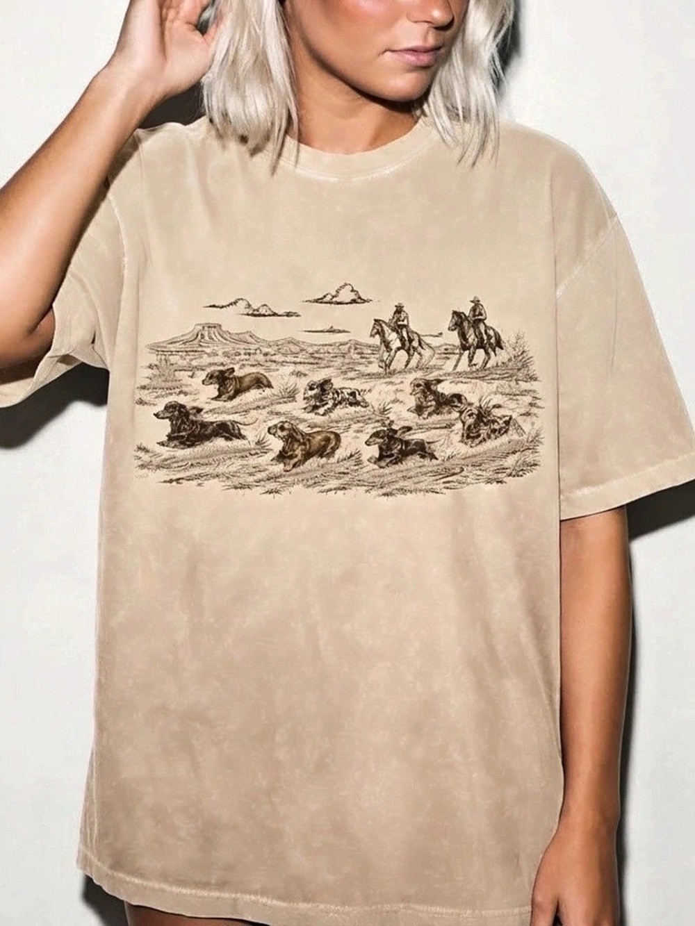 Western Cowboy Dachshund Dog Running Comfort Color T-Shirt - Picture 2 of 3